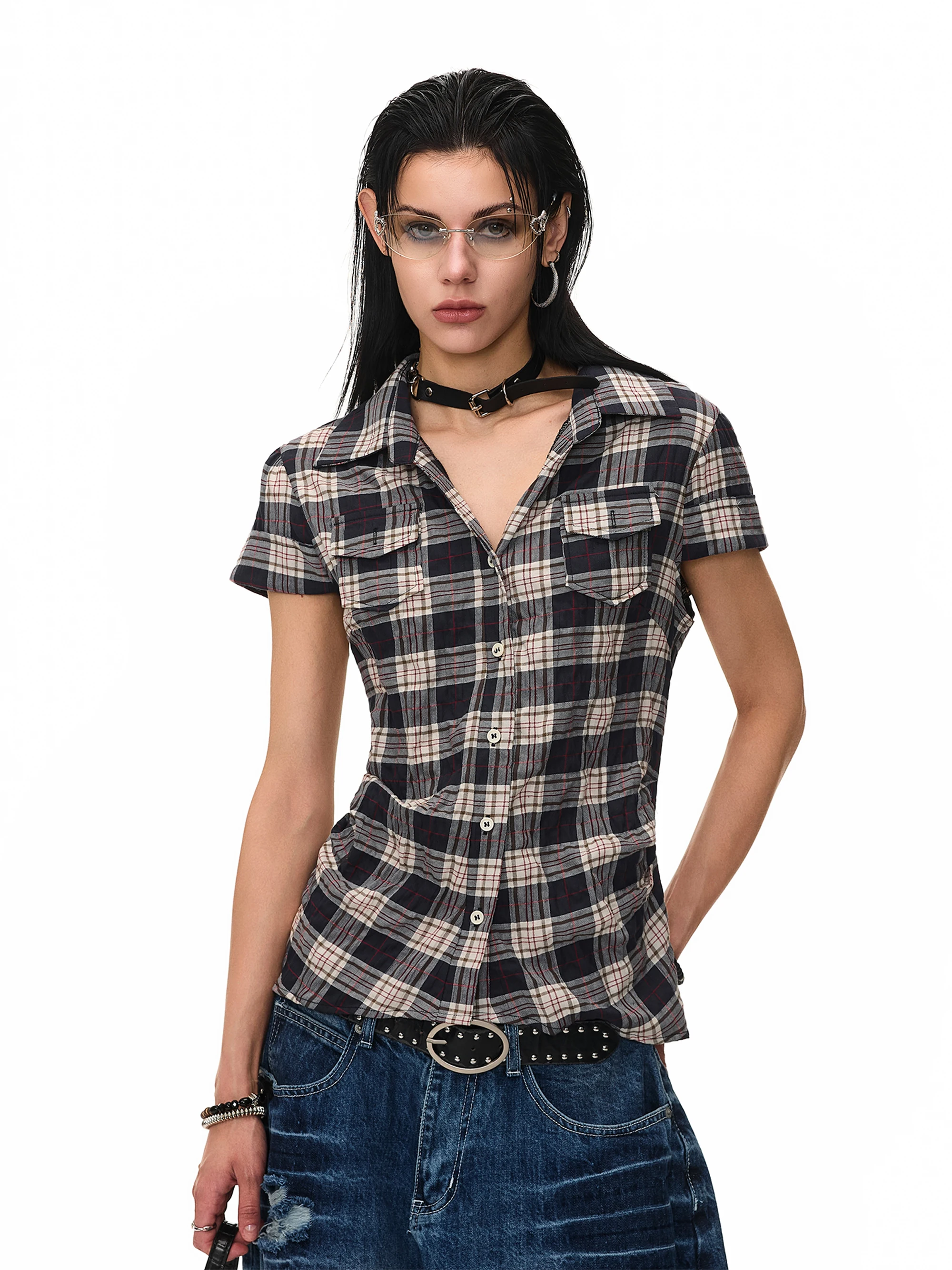 

Retro American College Style Shirt Collar Plaid Waist Cinching Slimming Design Short Sleeve Cotton Top for Women