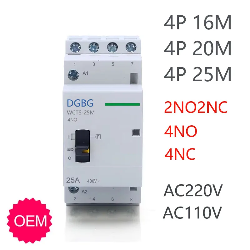 WCTS-25M 4P 16A 20A 25A 24V 110V 220V Din Rail Household AC Modular Contactor with Manual Control Switch 4NO 2NO2NC or 4NC