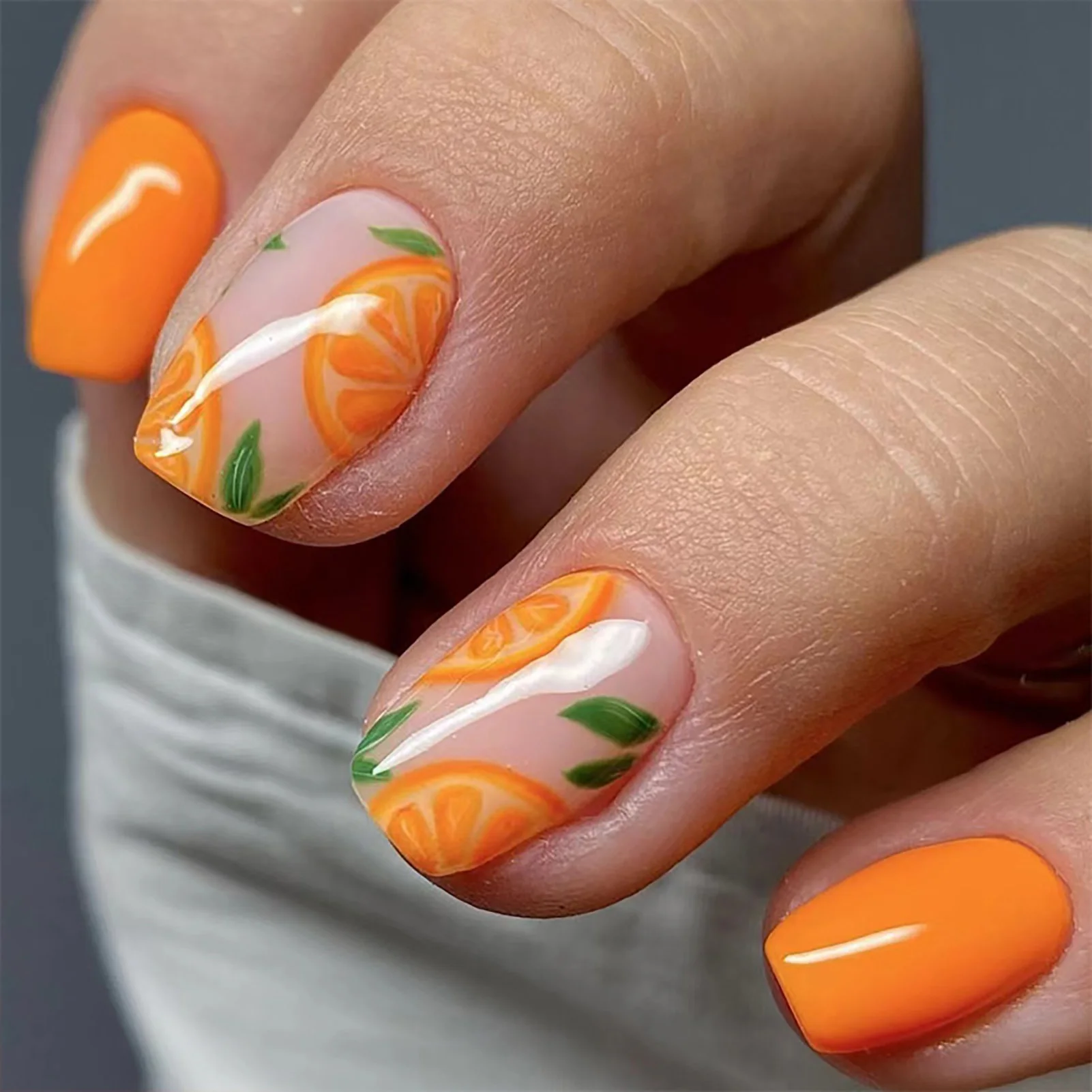 False Nails with Orange Printed Natural Unbreakable Nail Simple Wear for Fingernail DIY Decoration