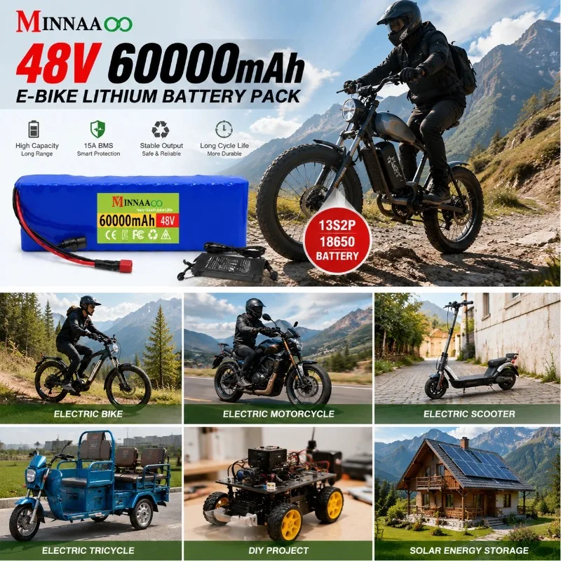 MINNAAOO 48V 60000mAh 13S2P Li-ion Battery Pack with 54.6V Charger for Electric Bike Bafang 1000W