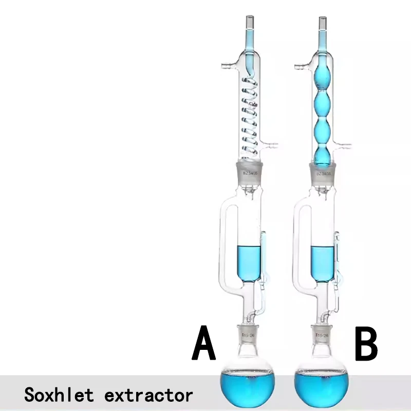 Glass spherical fat extractor snake-shaped Soxhlet extraction device filter tube extractor 60ml 150ml 250ml 500ml 1000ml