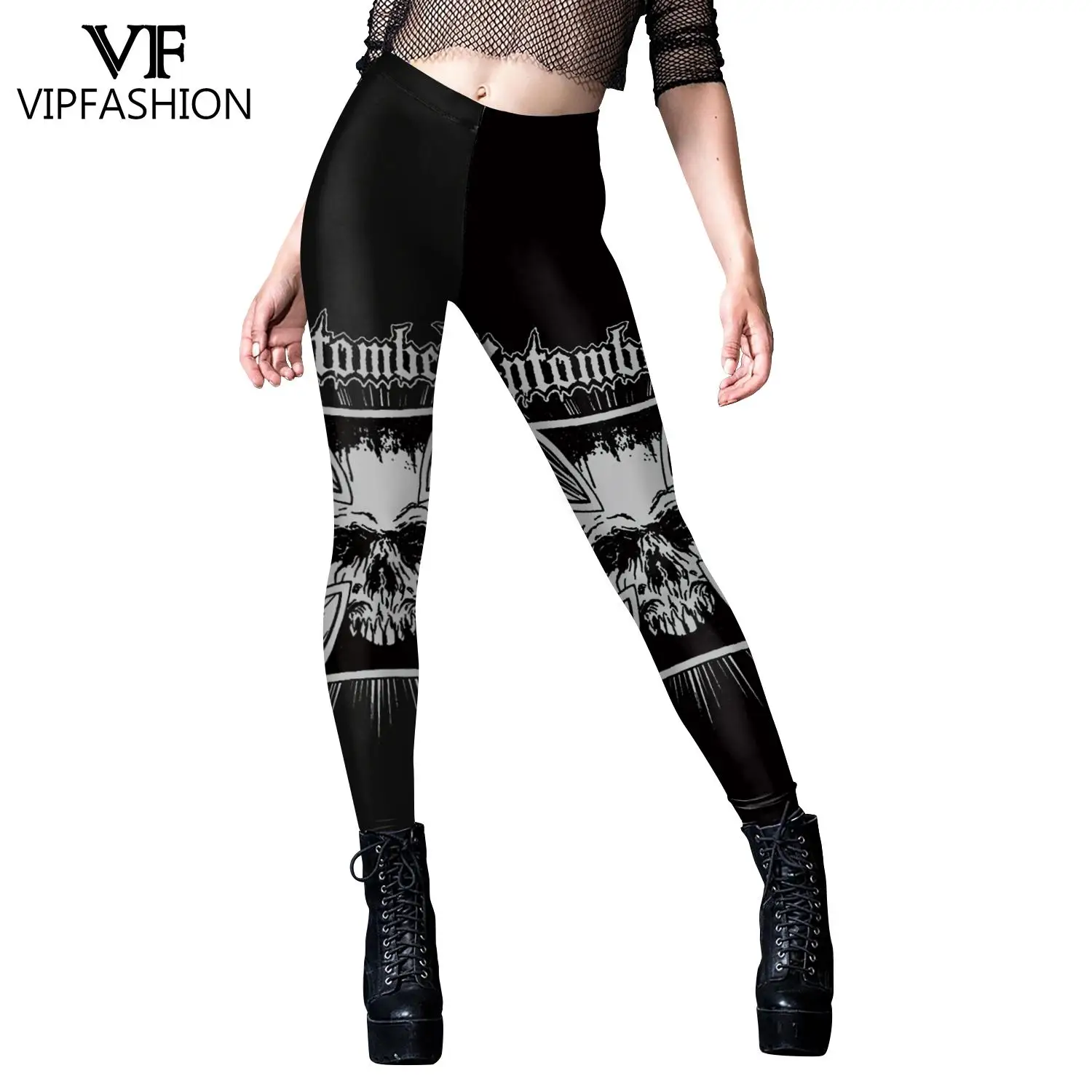 

VIP FASHION Women's Black Leggings Steampunk Ghost Skull Pumpkin Palm Styles Slim workout Legging Trousers