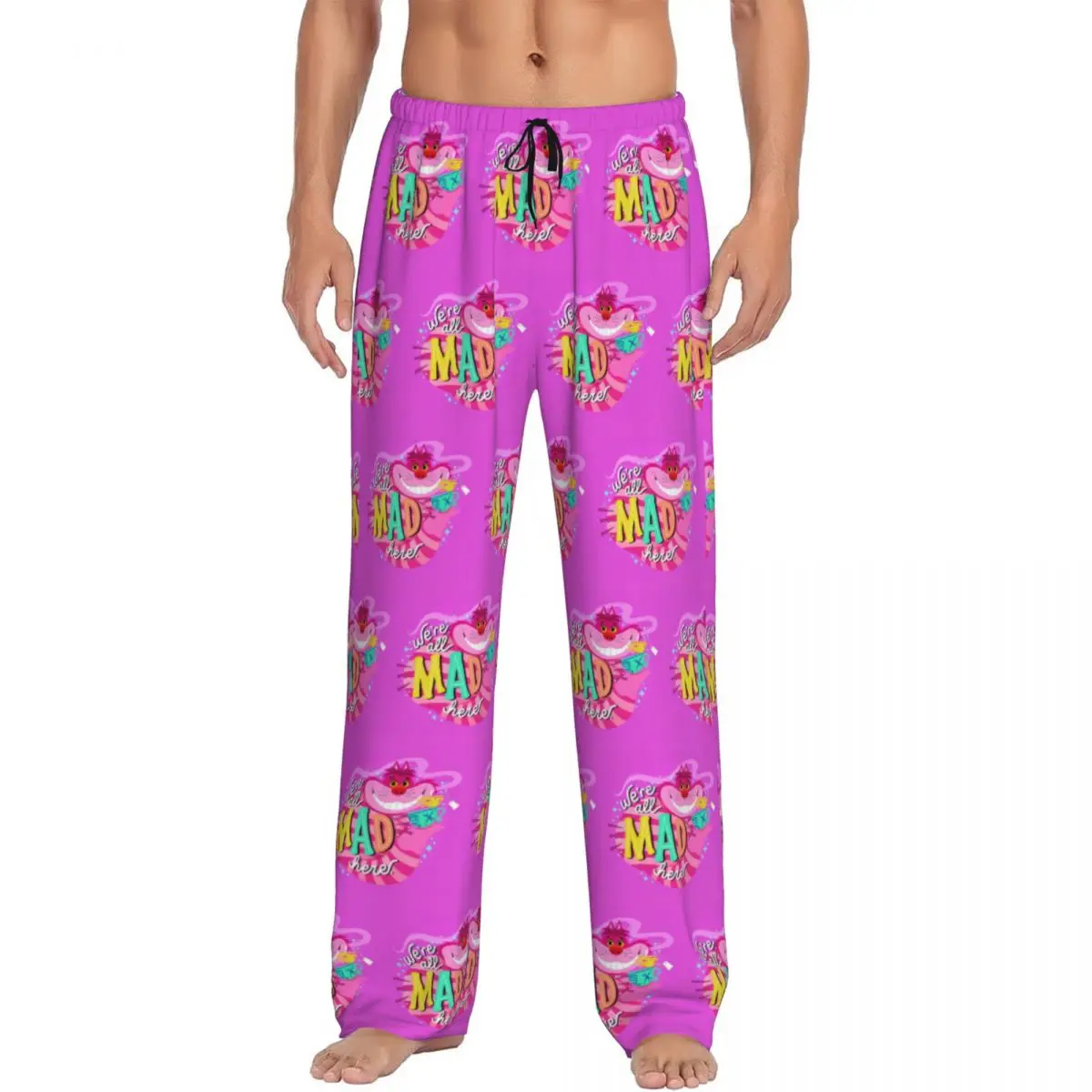 Custom Printed Men Cheshire Cat Alice Wonderland Pajama Pants We're All Mad Here Sleepwear Sleep Lounge Bottoms with Pockets