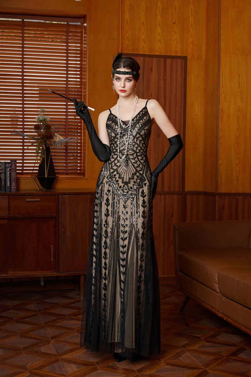فستان ماكسي بحزام سباغيتي مزين بالترتر من غاتسبي - فستان رسمي مطرز باللون الأسود للحفلات المسائية #6