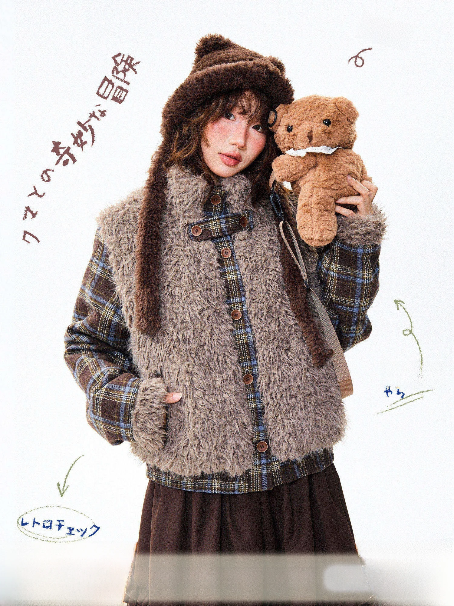 

Женское зимнее теплое пальто Young Stage в винтажном стиле с клетчатыми вставками и отделкой из овечьего меха, свободного кроя, прямого силуэта