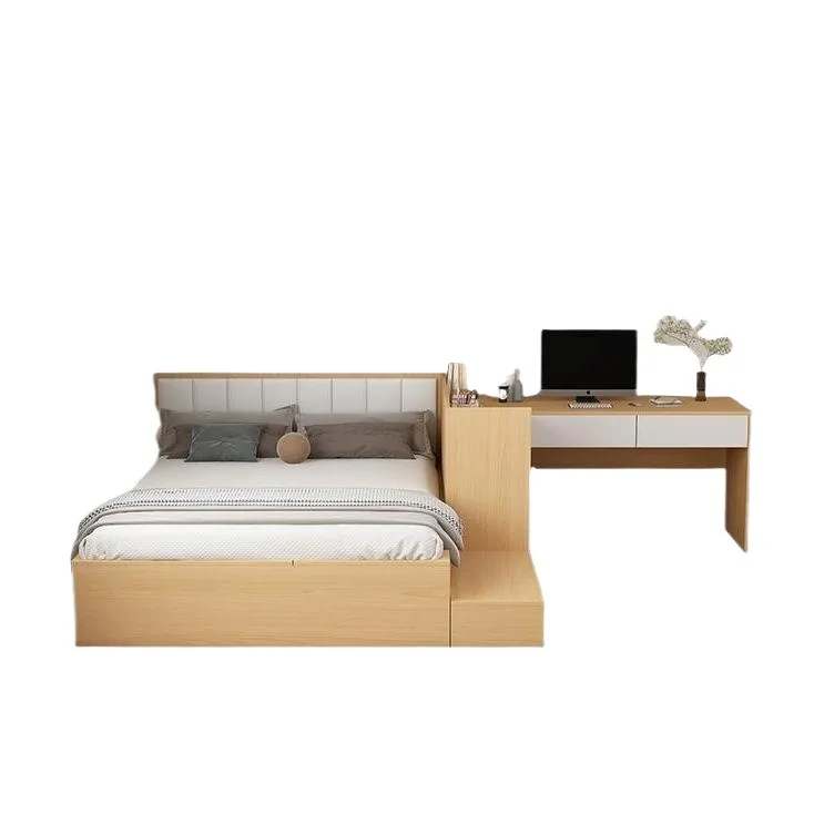 

Small apartment, high box bed, steps, corners, desk, integrated bedroom