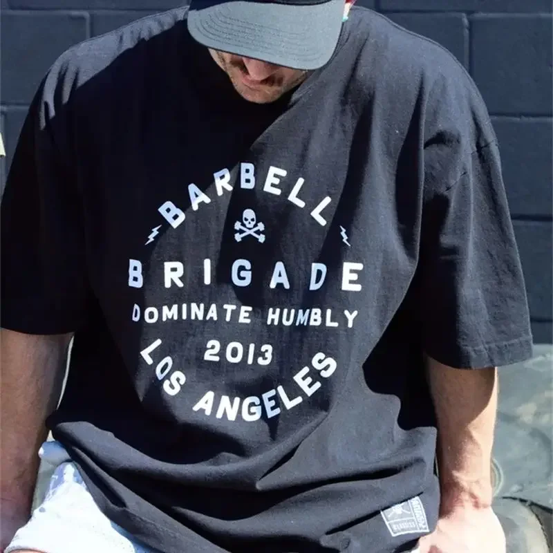 BARBELL Men Oversize Summer T-shirt Gym Fitness Loose Comfortable Sports Tees Hip Hop 100% Cotton Top Bodybuilding Workout Shirt