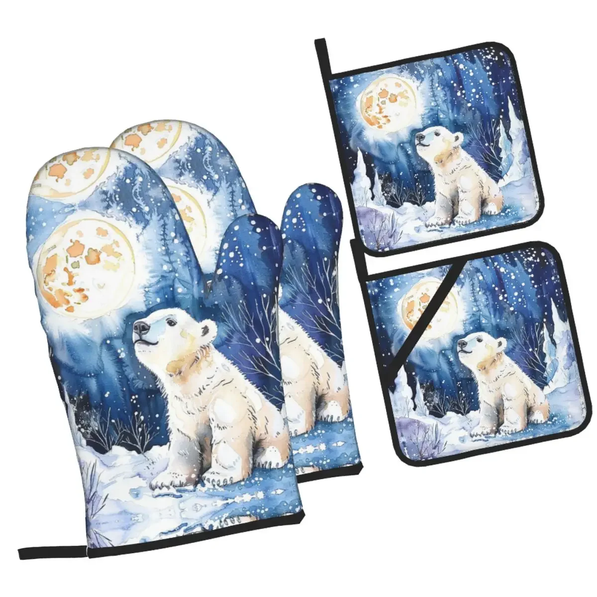 

Winter Polar Bear Watercolor North Wildlife Wild Oven Mitts and Pot Holder Sets of 4 for Baking Kitchen Cooking BBQ Gloves