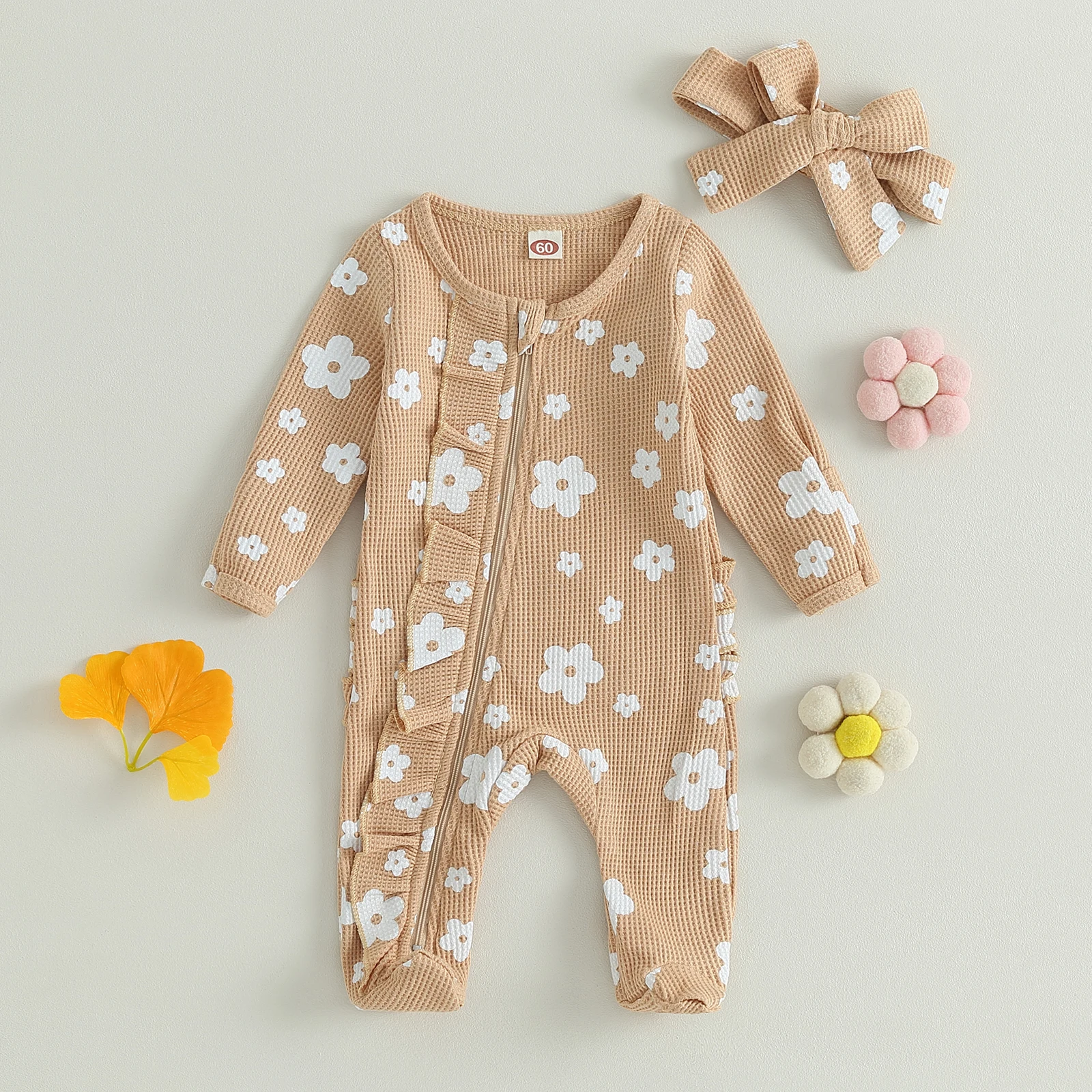 Newborn Baby Girl Ruffle Romper Waffle Knit Floral Footed Jumpsuits Long Sleeve Zipper Footie Fall Winter Outfits Baby Clothing