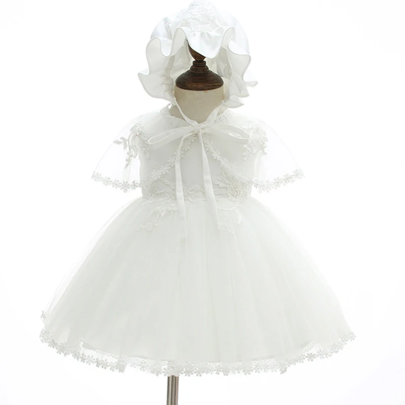 

3Piece Set Summer Toddler Girls Dresses Baptism White Lace Princess Luxury Birthday Dress+Hat+Shawl Newborn Baby Clothes BC611