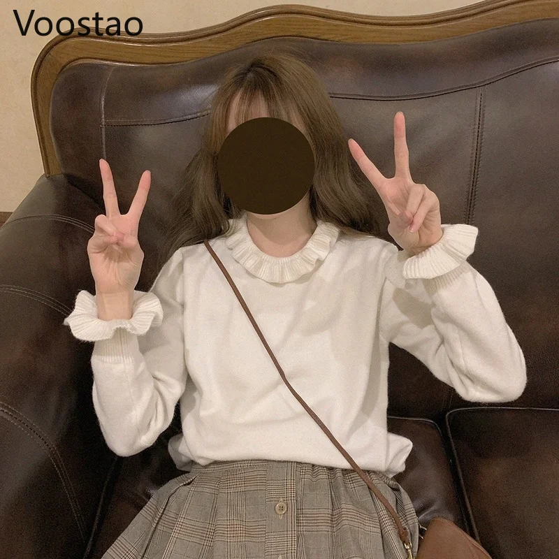 Kawaii Girl Chic Ruffles Collar Lolita Sweater Women Japanese Sweet Cute Knitted Pullovers Solid All-Match Knitwear Tops Jumper