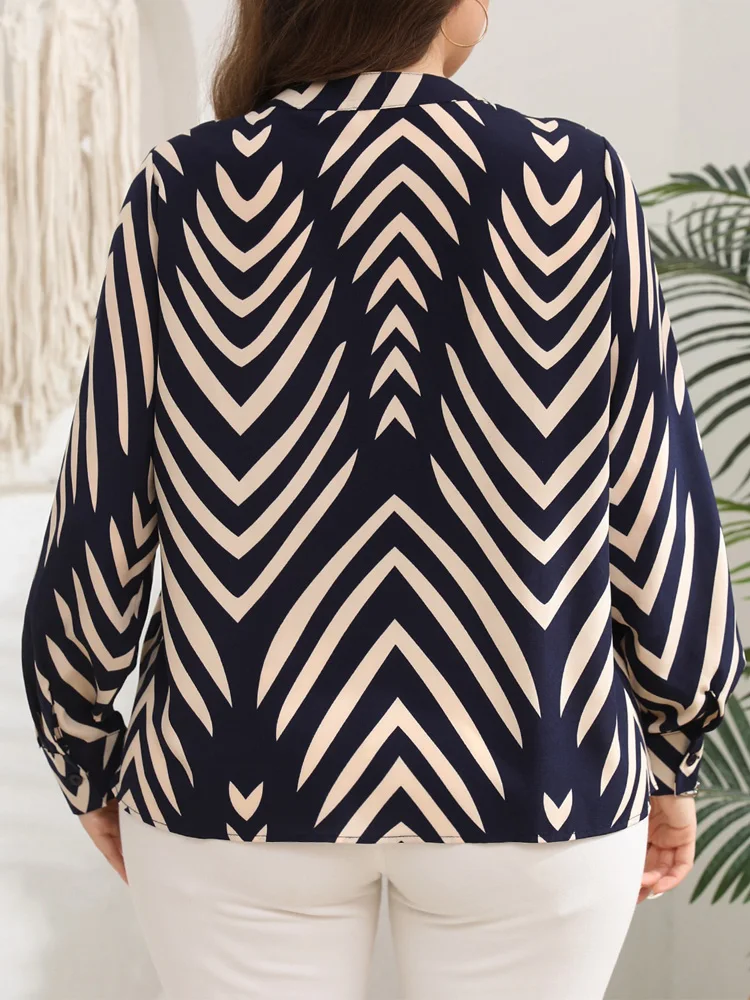 GIBSIE プラスサイズ レトロプリント ノッチネック ルーズシャツ レディース 2025 秋新作 長袖 オフィス カジュアル レディース トップス＆ブラウス