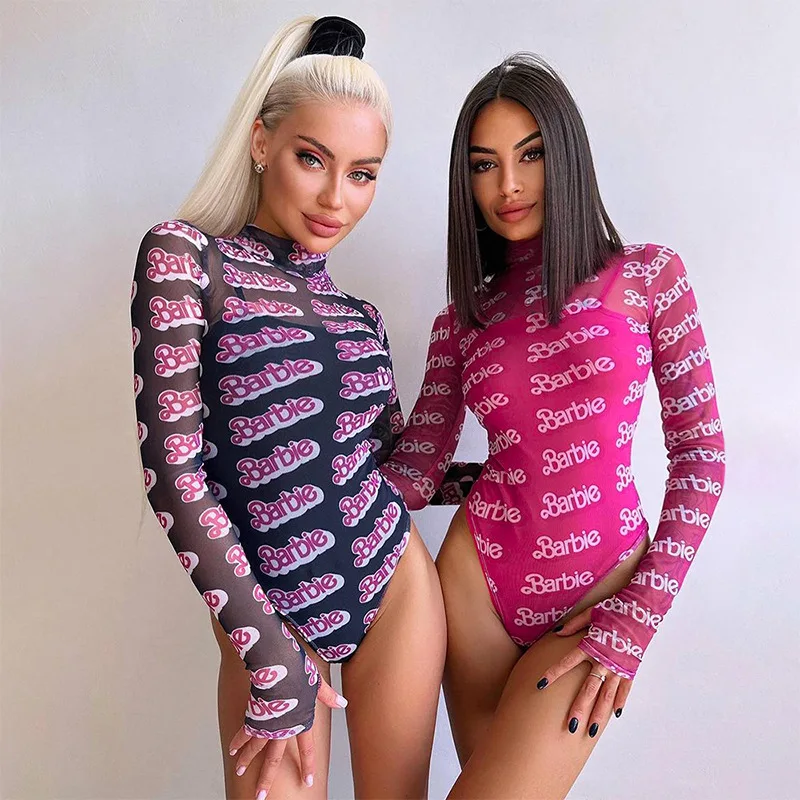 Mesh Y2k Langarm Bodysuit Frauen sexy dünn durchsichtig Overall Körper Kleidung Brief druck Herbst Roll kragen pullover dünne Clubwear