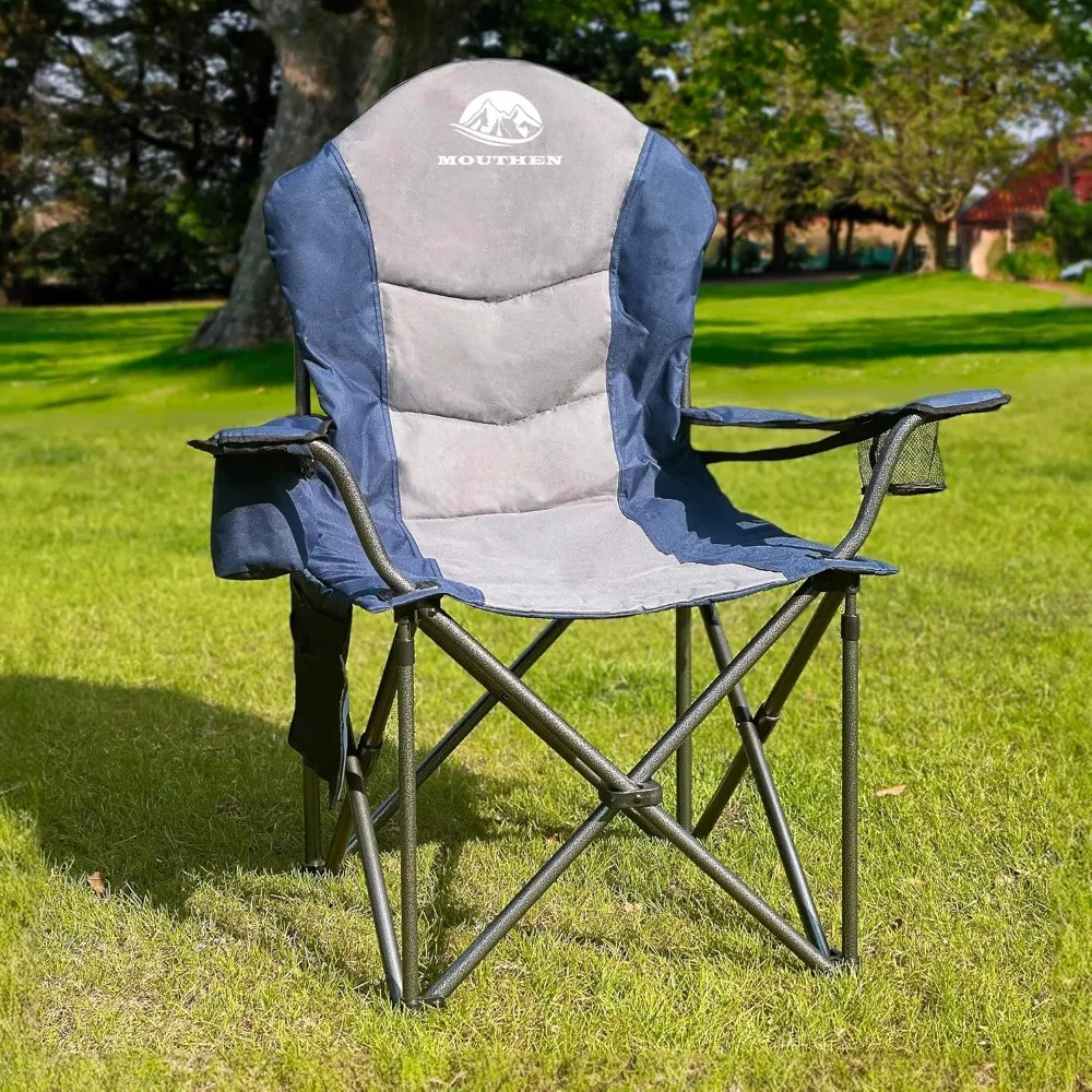 Fully Padded Camp Chair Heavy Duty Folding Lawn Chairs with Cooler Bag, Head and Side Pocket -Support 400 Lbs, Camping Chair