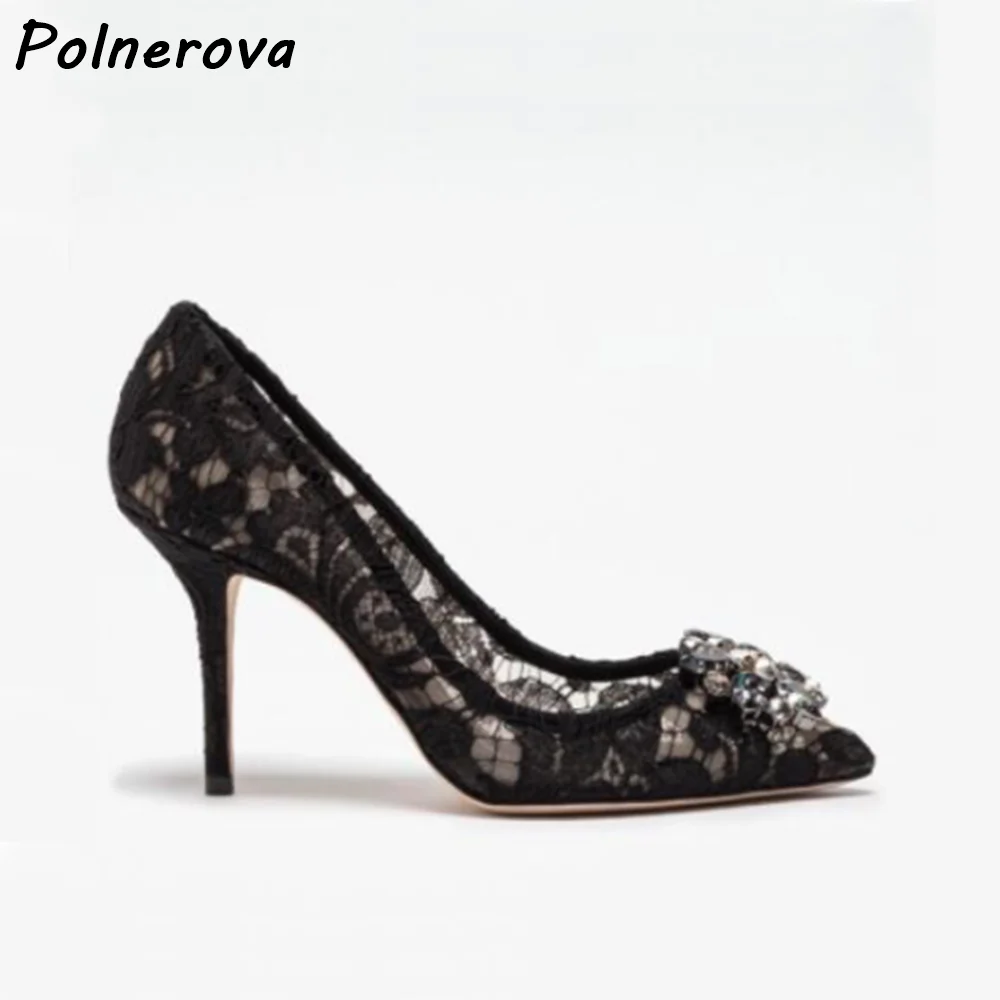

Solid Lace Rhinestone Pumps Thin Heels Slip On Pointy Toe Hollow Fashion Sexy Elegant Shoes Women's Party Crystal Flower Shoes