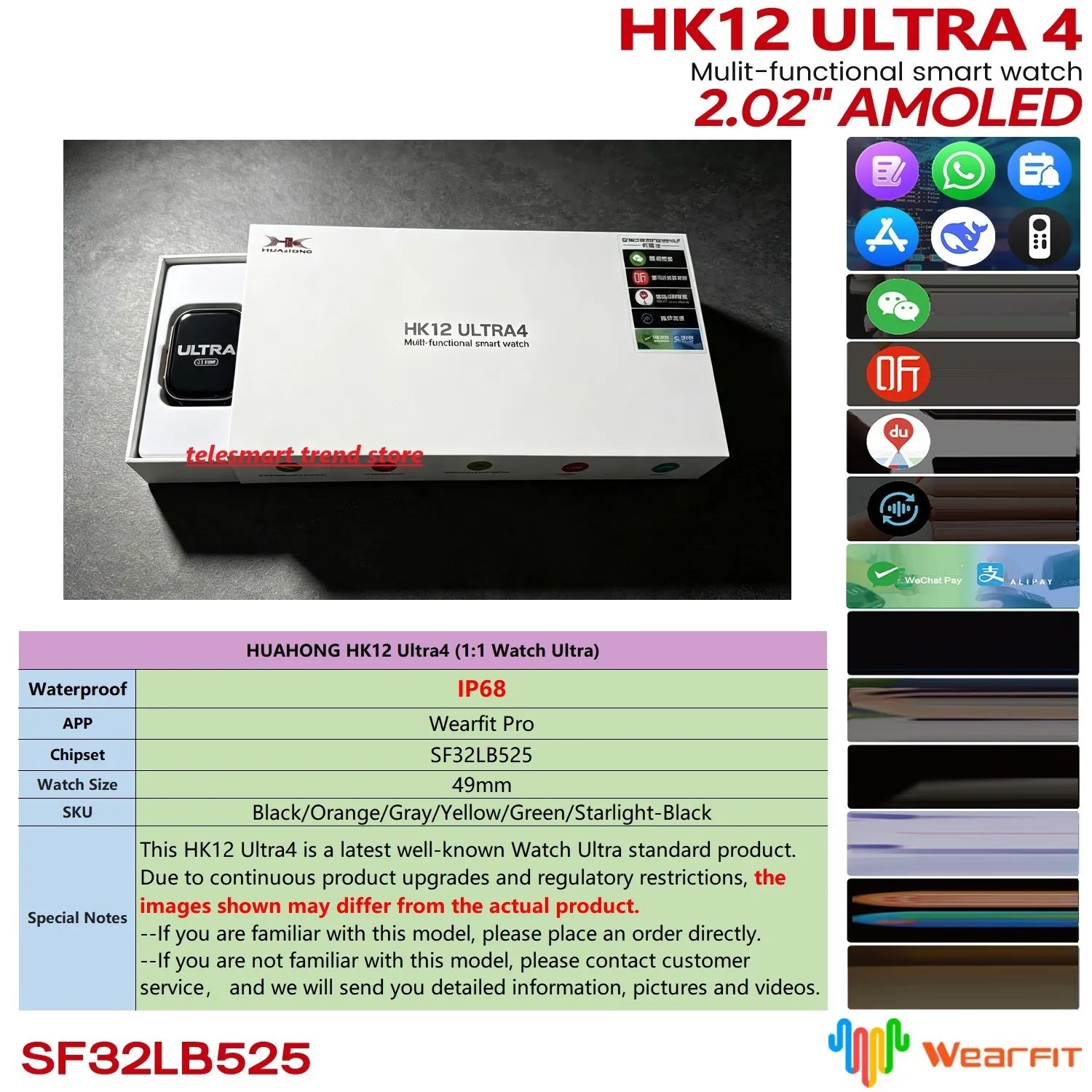 Montre connectée Huahong Amoled HK12 Ultra4, sportive, robuste, étanche IP68, série HK12U4, montre connectée HK12 Ultra 4