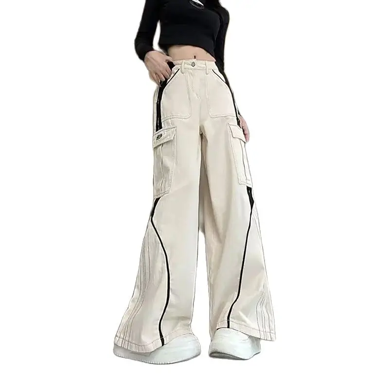 Women's Beige Baggy Cargo Pants Y2k 90s Vintage Streetwear Oversize Trousers Korean Harajuku Parachute Pants 2000s Clothes 2024