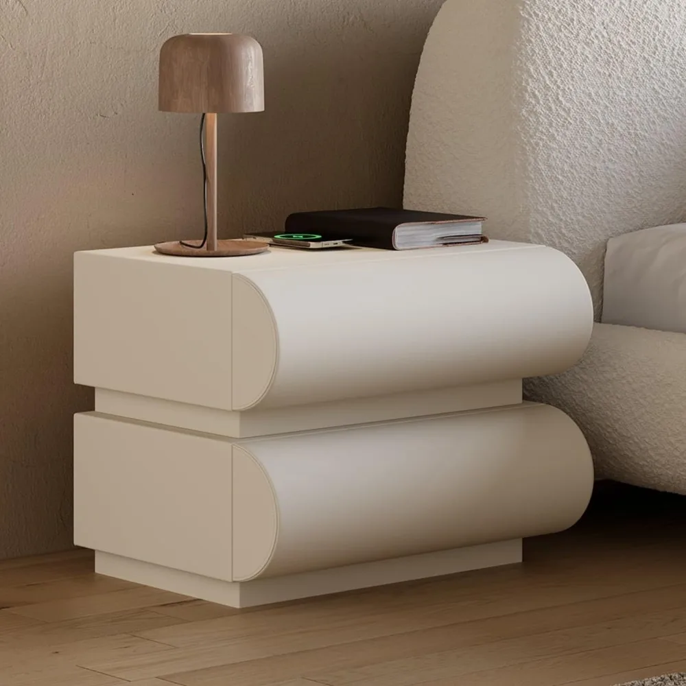 Smart Nightstand Modern White Leather Nightstands with Wireless Charger Bedside Table with 2 Drawers for Bedrooms Living Rooms