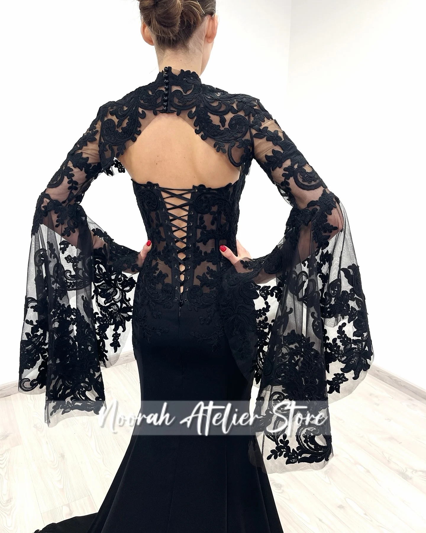 Moda sirena de encaje negro mangas de Dubai vestidos de noche 2025 vestido de novia de tren vestido de fiesta فسات -.maveravestido formal personalizado