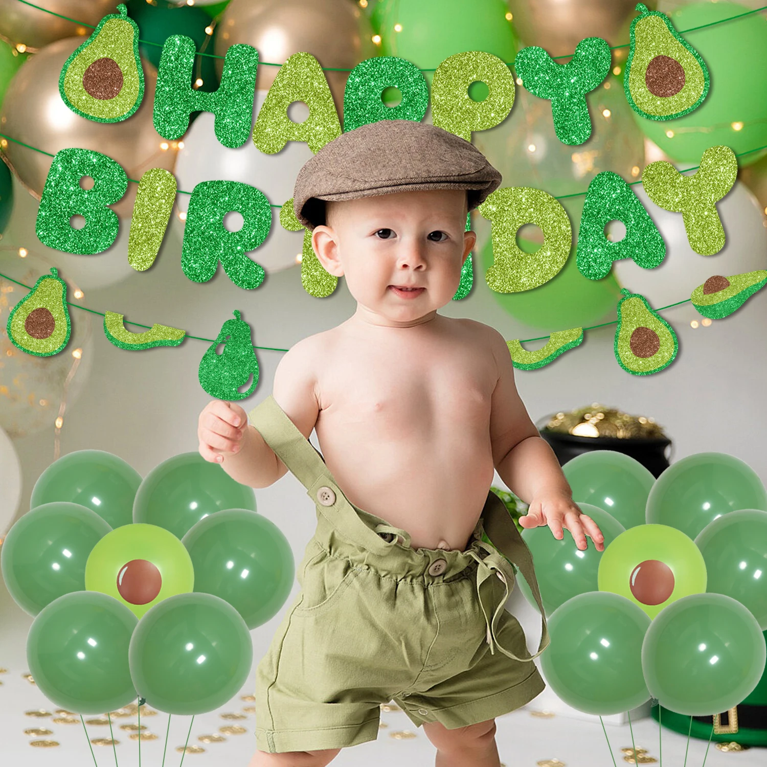 Avocado Themed Birthday Party Decor for Boys and Girls, Glitter Avocado Banner, Cake Topper, Balloons for Fruit Party Supplies