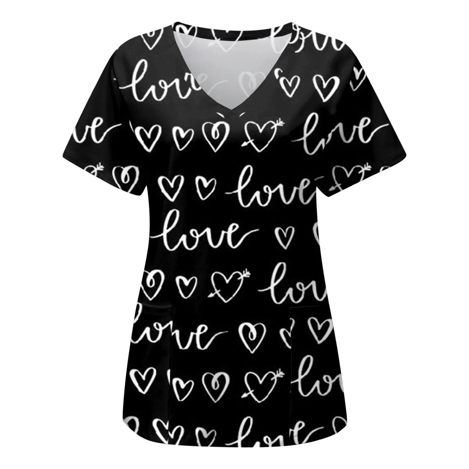 Women Scrub Nurse Print Short Sleeve Cartoon V-Neck Tops Working T-Shirts Heart Print Healthcare Tunic Carers Workwear Tops