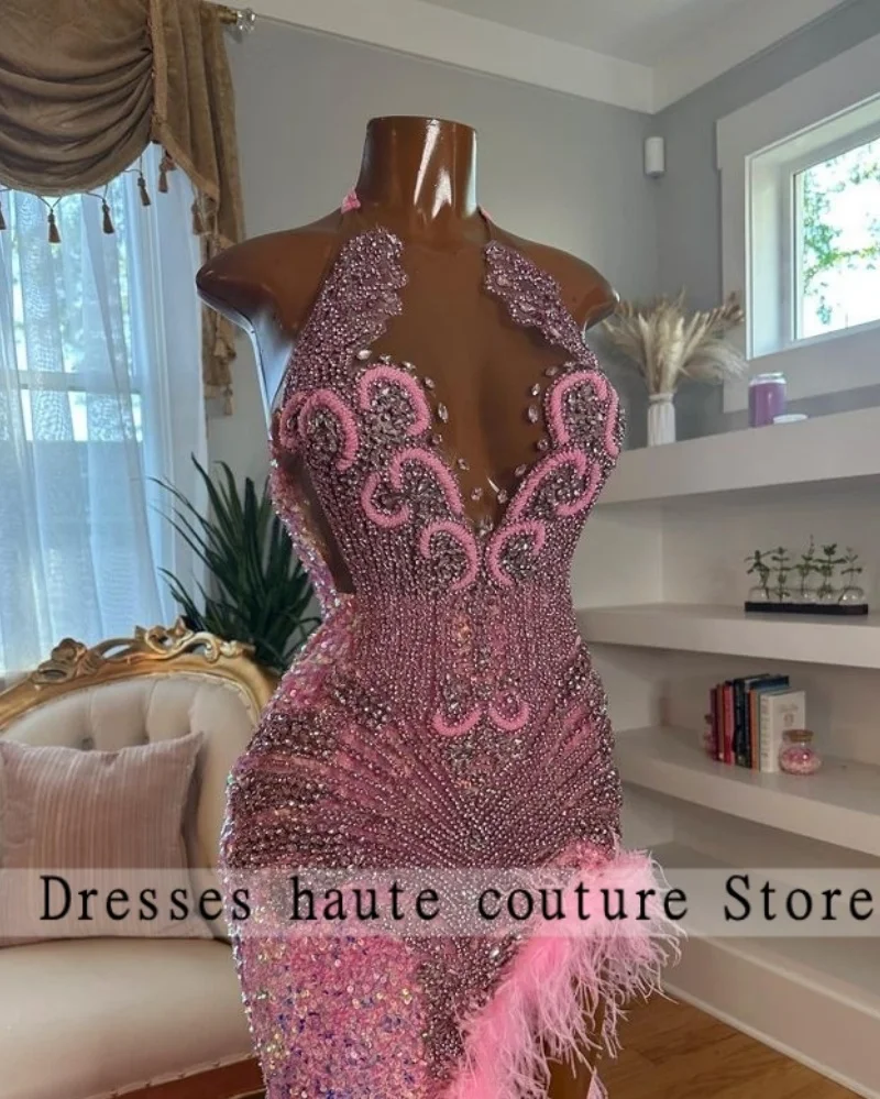 Nuovi arrivi Piume rosa Abiti da ballo Paillettes rosa Strass di cristallo Abito da compleanno Abito da sera formale Abiti personalizzati