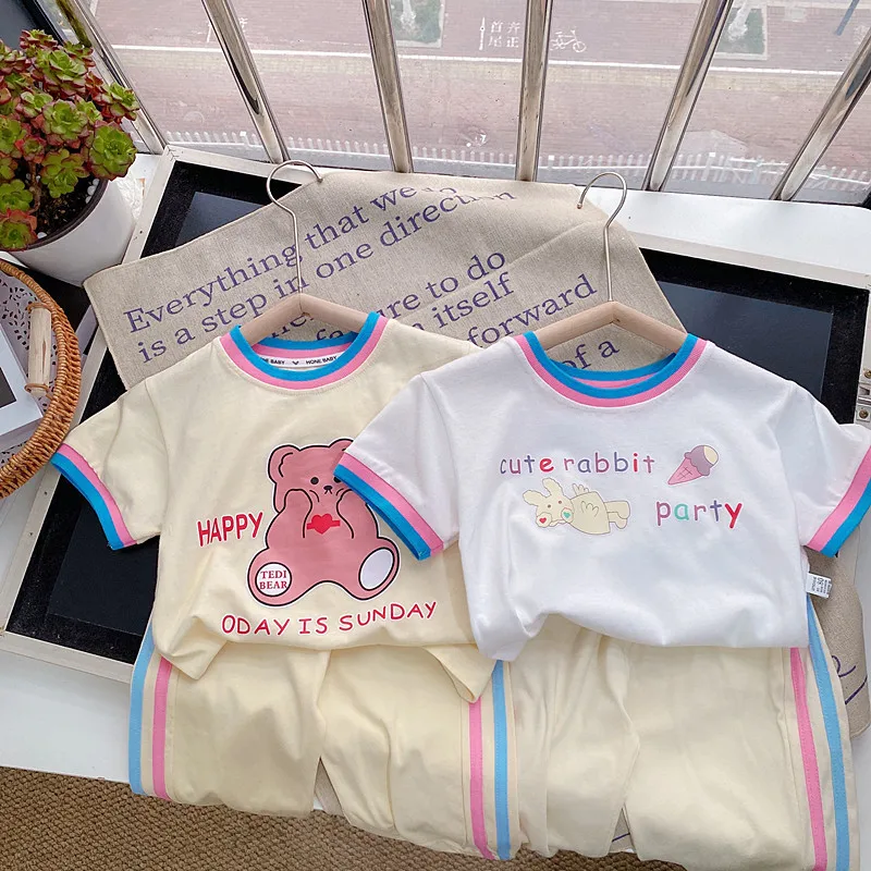 

Girls' Summer Outfit Casual Bear Cartoon Short Sleeve Rainbow Drawstring Pants Set Two-Piece Children's Clothing