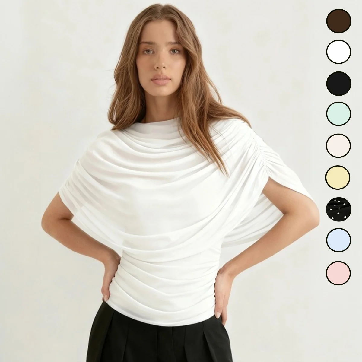 HOUZHOU Women Draped Cowl Neck Cape Mesh Top Elegant Ruched Waist Slim Fit Blouse Vintage Casual See Through Capelet Shirt