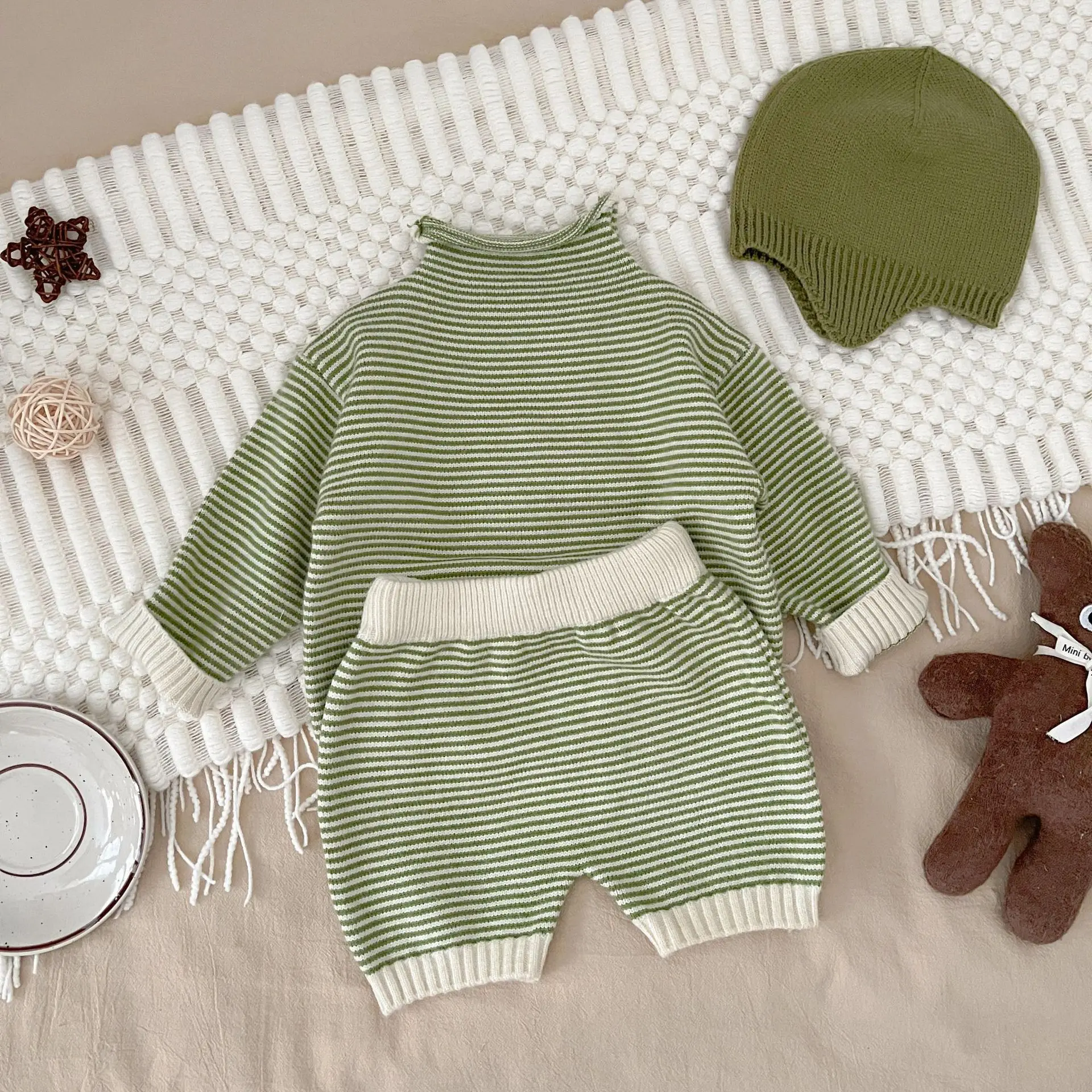 2023 Autumn Knit Baby's Sets Fashion Striped Children's Sweater Shorts Set For Boys Girls Newborn Baby Clothes Set 0-24Months