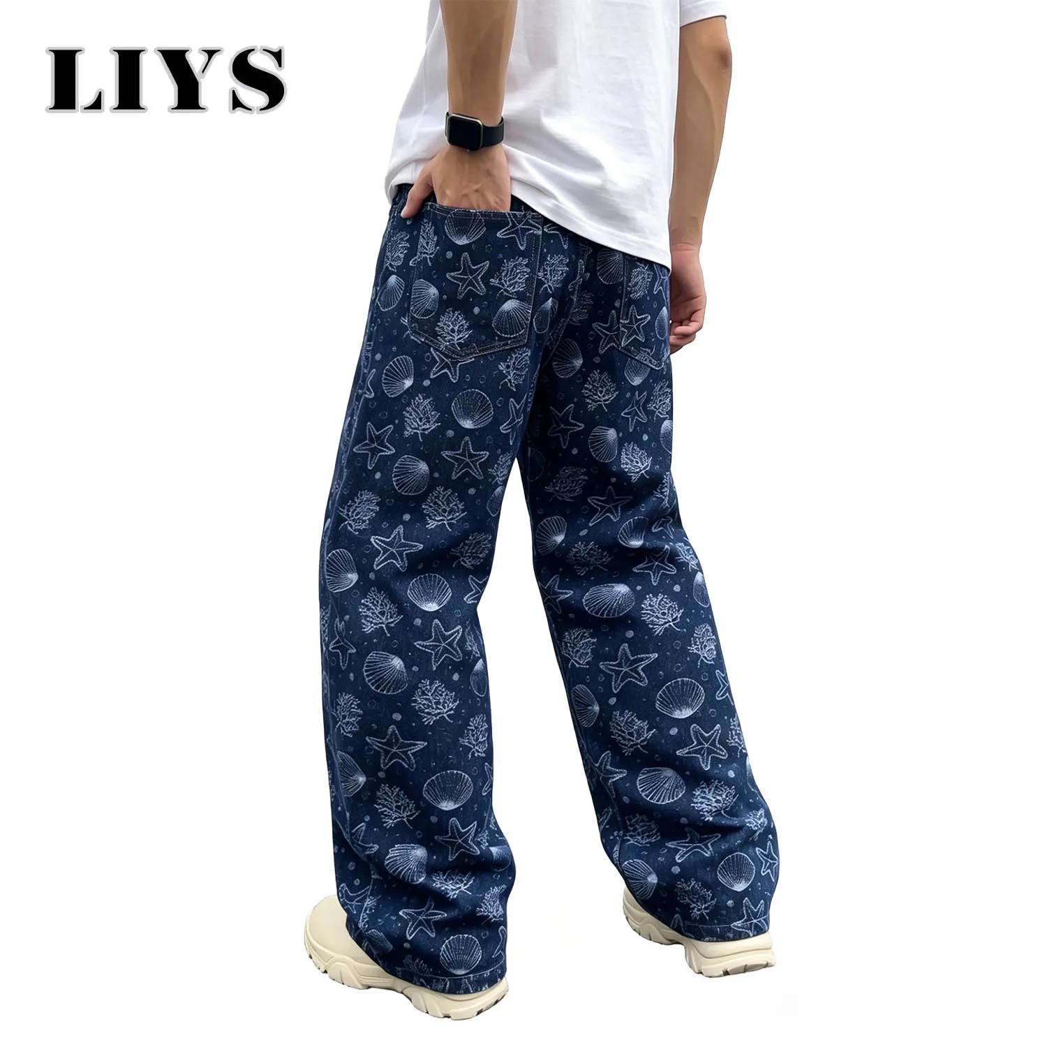 LIYS Men's American Retro Ocean Shell Printed Holiday Style Printed Loose Straight Leg Wide Leg Fashion High Street Casual Pants