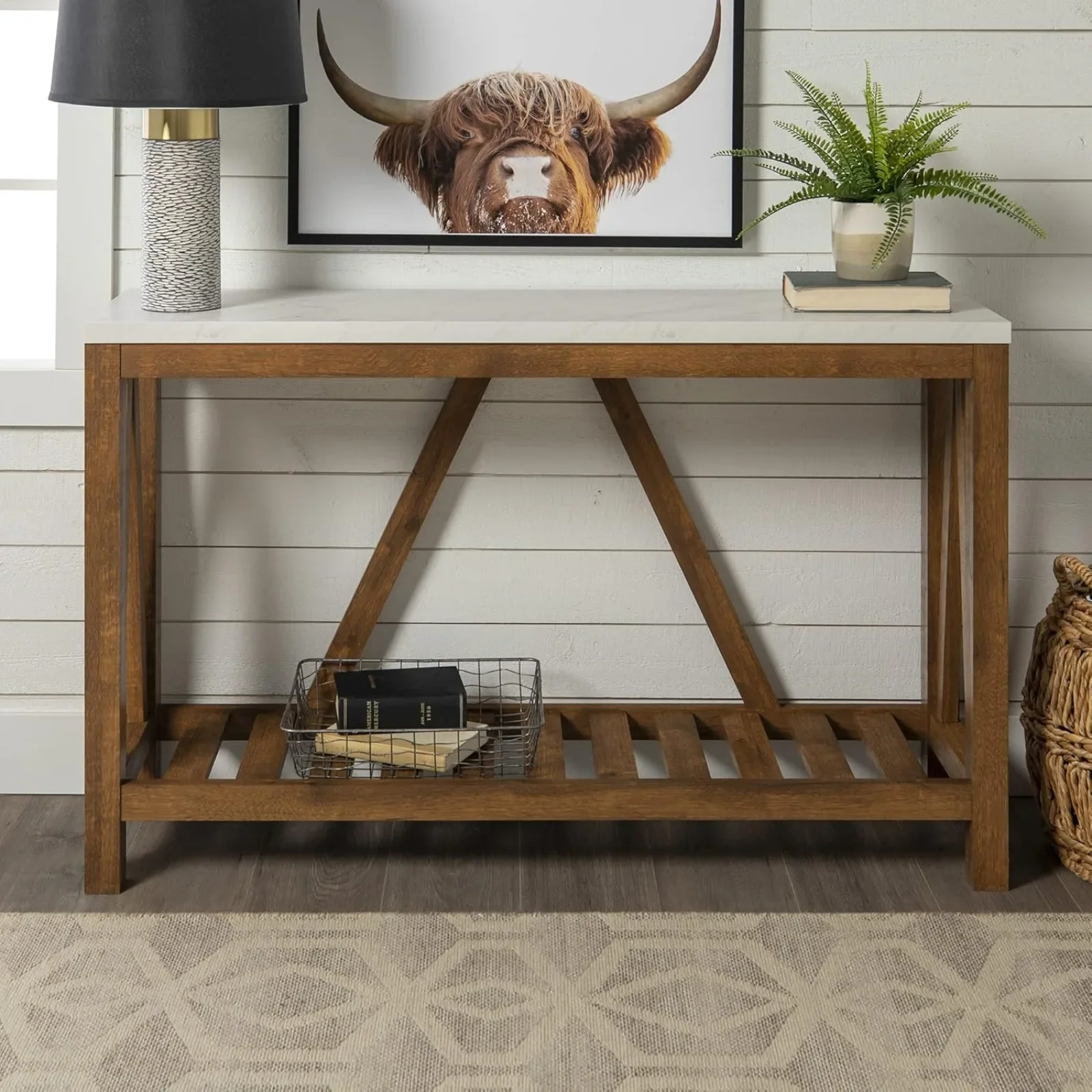 US Modern Farmhouse Accent Entryway / Living Room End Table, 52 Inch, Color-Marble and Walnut