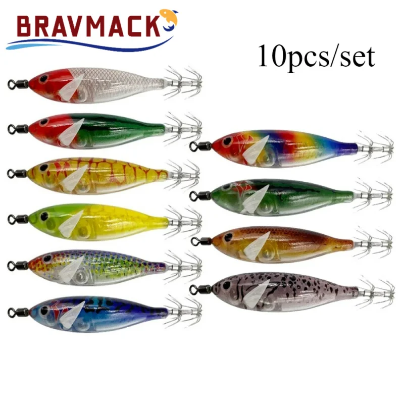 10pcs/set 8cm 5.7g Shrimp Fishing Lures Luminous Squid Jig Hook Sea Fishing Accessories Artificial Bait Octopus Lure