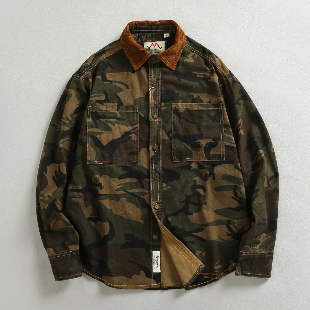 100% cotton heavyweight washed distressed work shirt men's patchwork khaki trendy shirt jacket