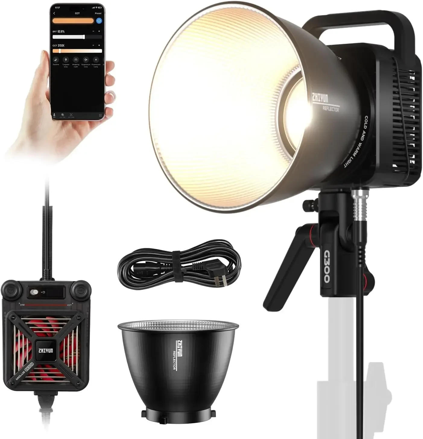 NEW ZHIYUN MOLUS G300، 300W COB ثنائي اللون LED الفيديو الضوئي، حامل Bowens، 500W MAX الوضع القصوى، التحكم في التطبيقات، هادئ للغاية