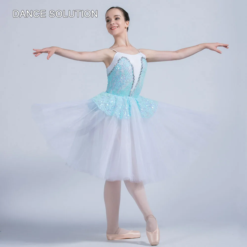 Pale Blue Sequin Spandex Bodice with Romantic Tulle Skirt Ballet Tutu Dress for Women & Girls Stage Performance Costume 20022