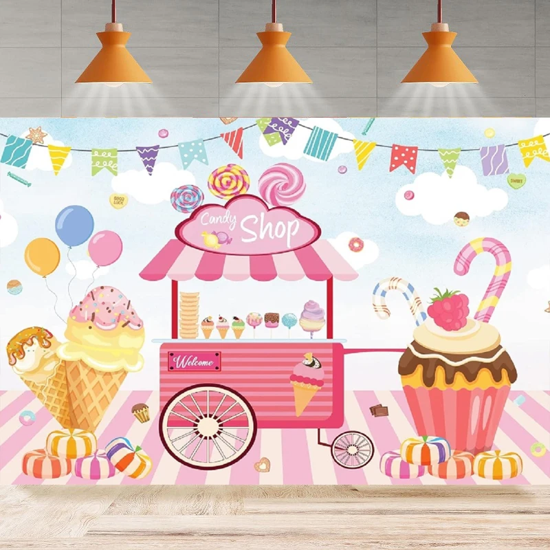 Candy Shop Photography Backdrop Girls Pink Candyland Sweet Lollipop Ice Cream Birthday Background Party Backdrop Wall Banner