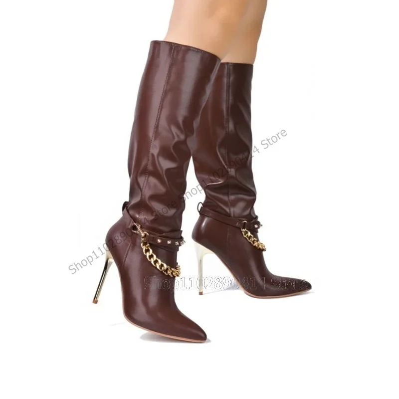 

Gold Rivets Chain Decor Brown Pointed Toe Boots Slip On Women Shoes Thin High Heels Novel Fashion Party 2023 Zapatos Para Mujere