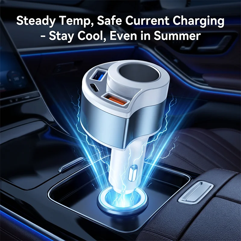 

Smart Fast Charging Auto Car Charger Adapter with Cigarette Lighter Splitter Type C Dual USB A Ports For Road Trips For iPhone