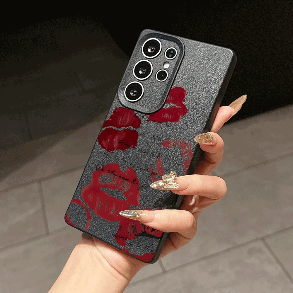 Red Lip Prints Text Slim Faux Leather TPU Anti-Scratch Back Case For Samsung Galaxy S26 S23 A57 A05 A26 Anti Drop Back Cover
