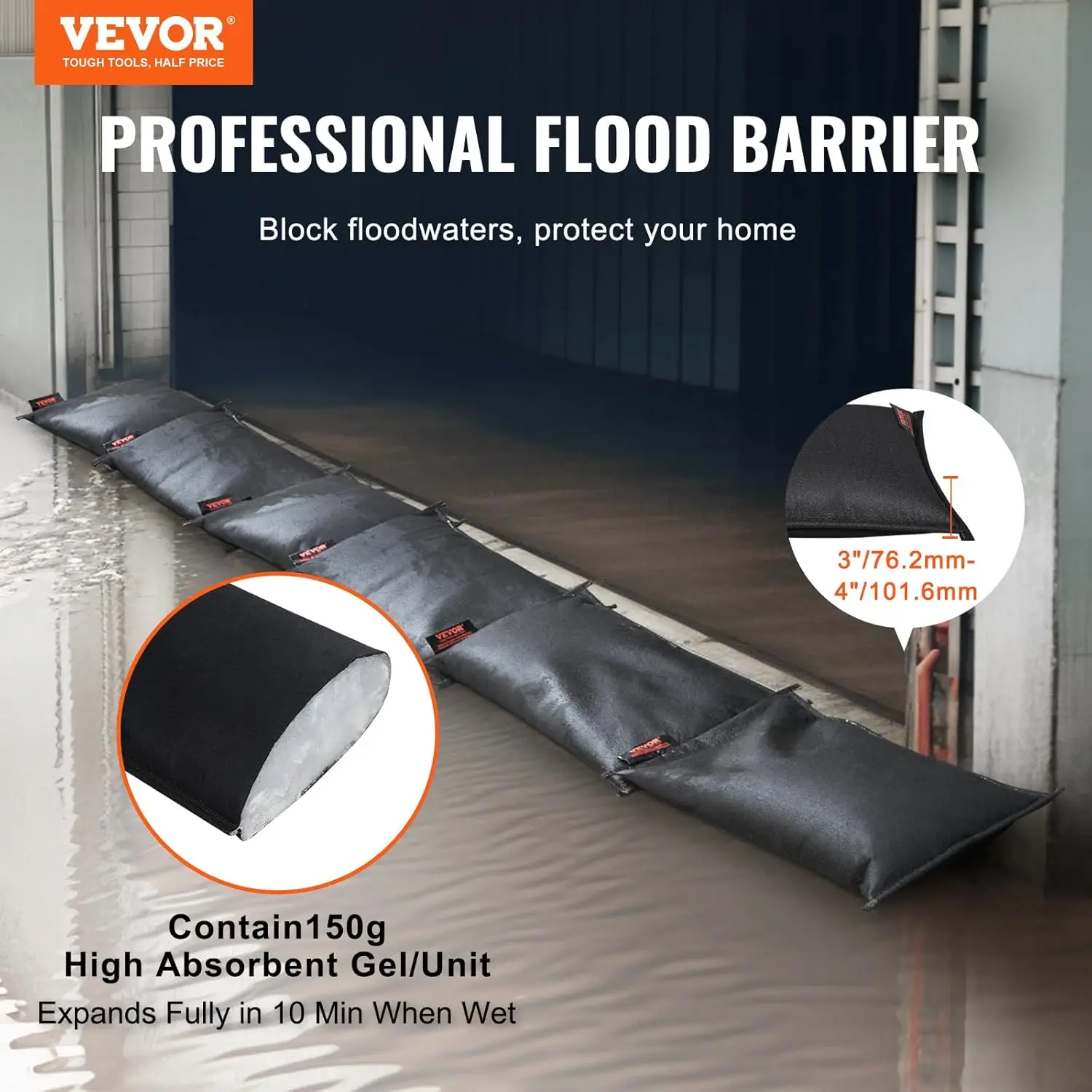 Flood Barriers, Water Flood Dam Bags 6 Pack, Water Barriers for Flooding, Water Activated Flood Barriers for Home, Doorway