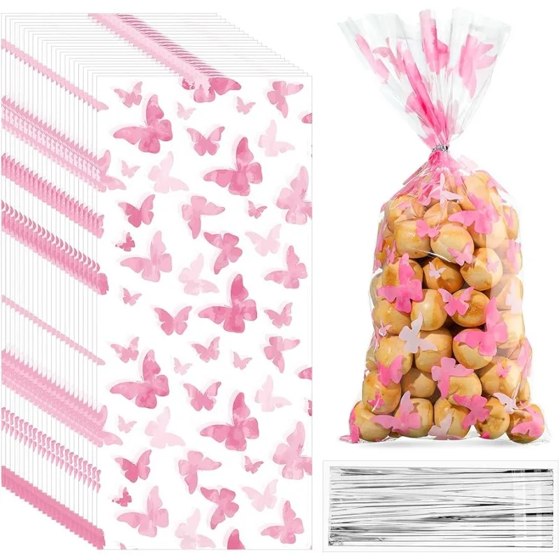 

High Quality 100 Pcs Pink Butterflies Plastic Cellophane Goody Bags with 100 Pcs Silver Twist Ties for Birthday Party Supplies