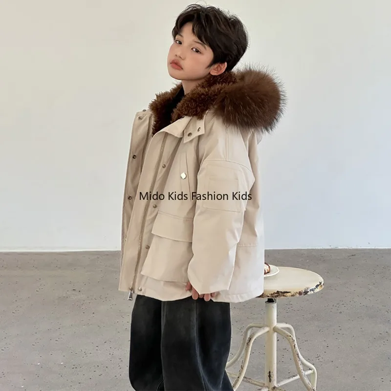 

-35°C Boys' down jacket mid-length winter thickened real fur collar parka warm hooded girls' down jacket 130-170cm