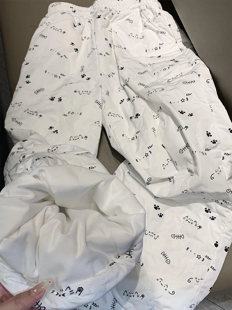 

Warm Thiened Cotton Pants Women's Autumn Winter Printed Fce Windproof Wide Leg Pants Casual High Waist Trousers