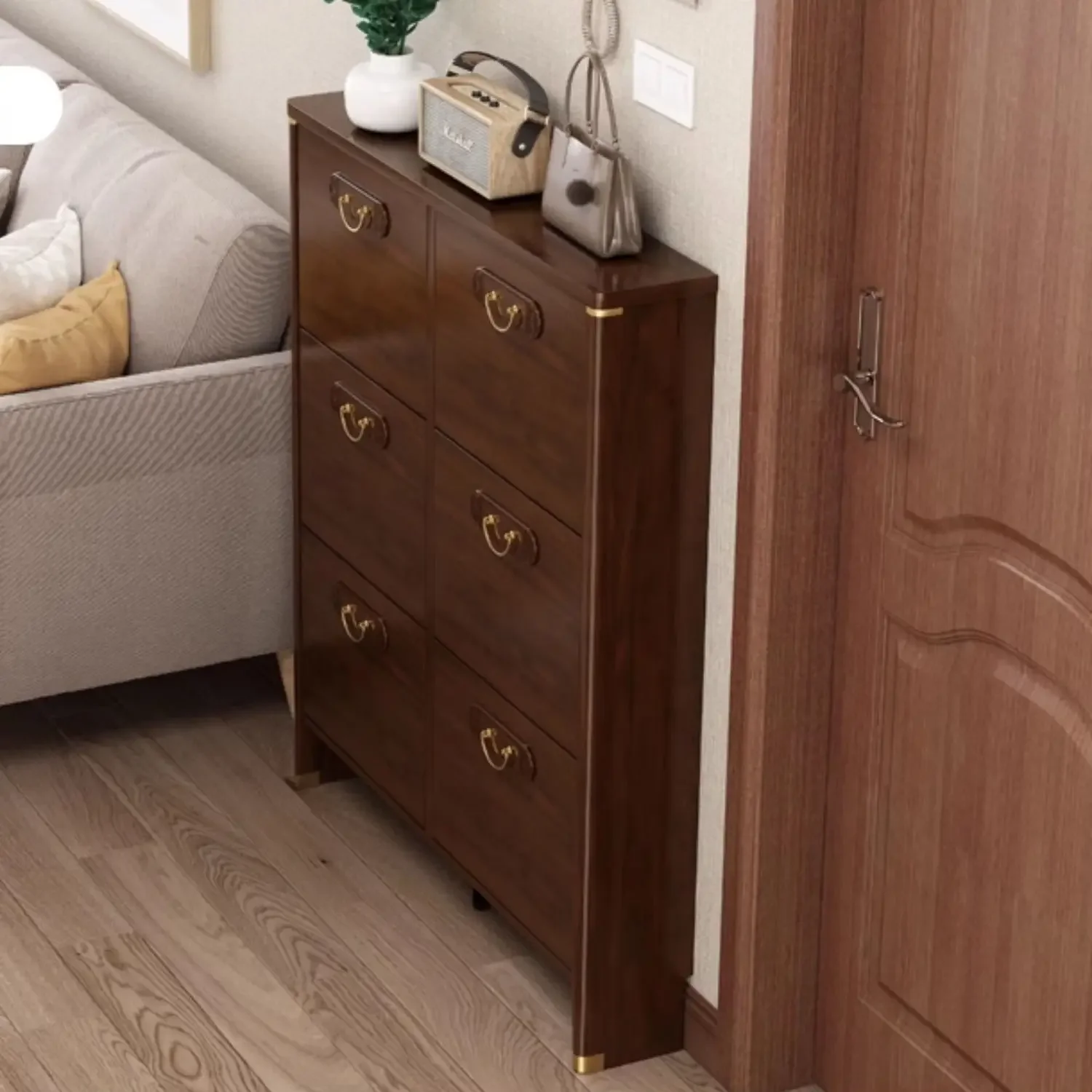 Ultra-thin shoe cabinet flip-top, solid wood color, thin entryway for narrow homes, integrated entrance area against the wall