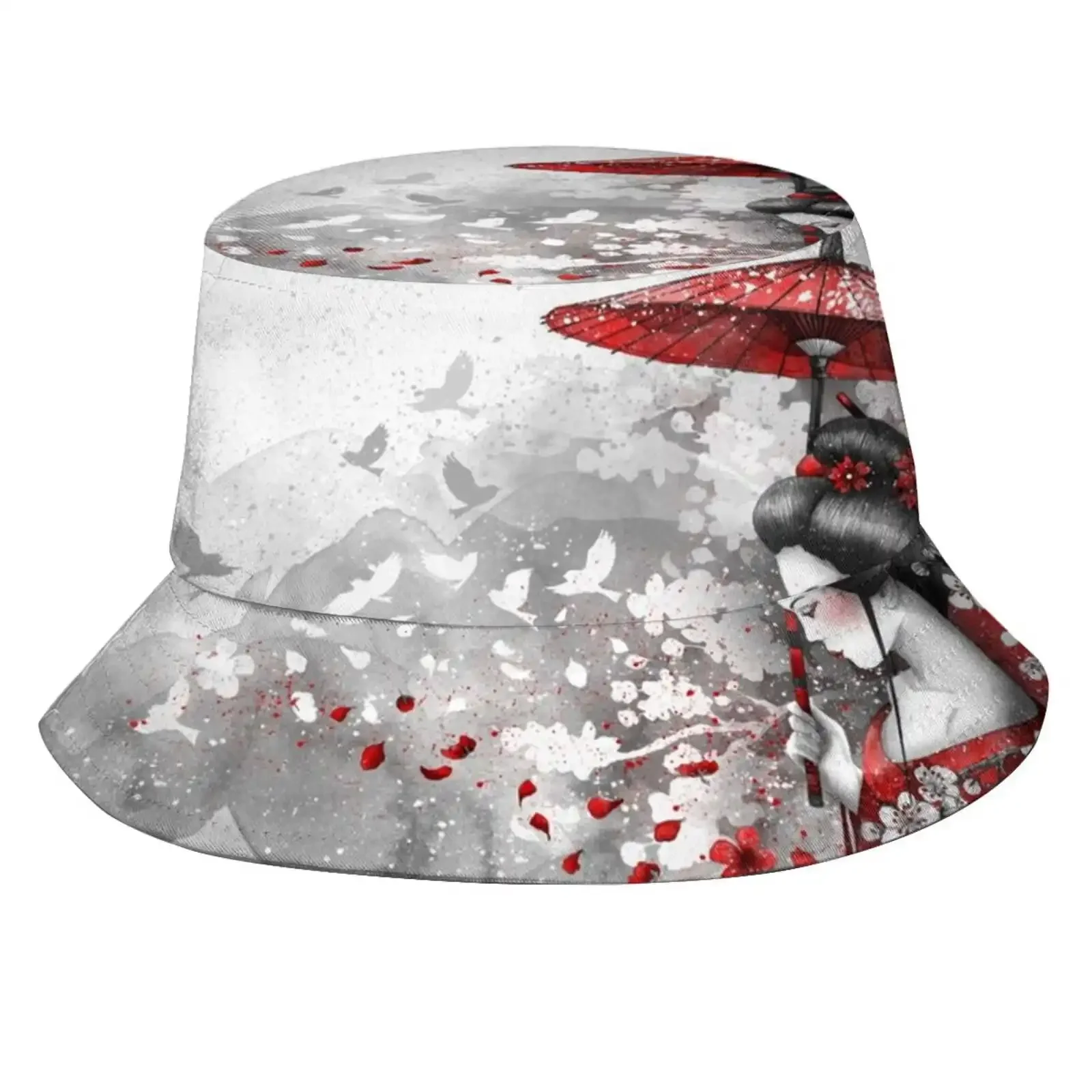 Falling Blossoms Sun Cap Fisherman Hat Bucket Hats Geisha Cherrytree Blossom Sakura Japan Red White Flower