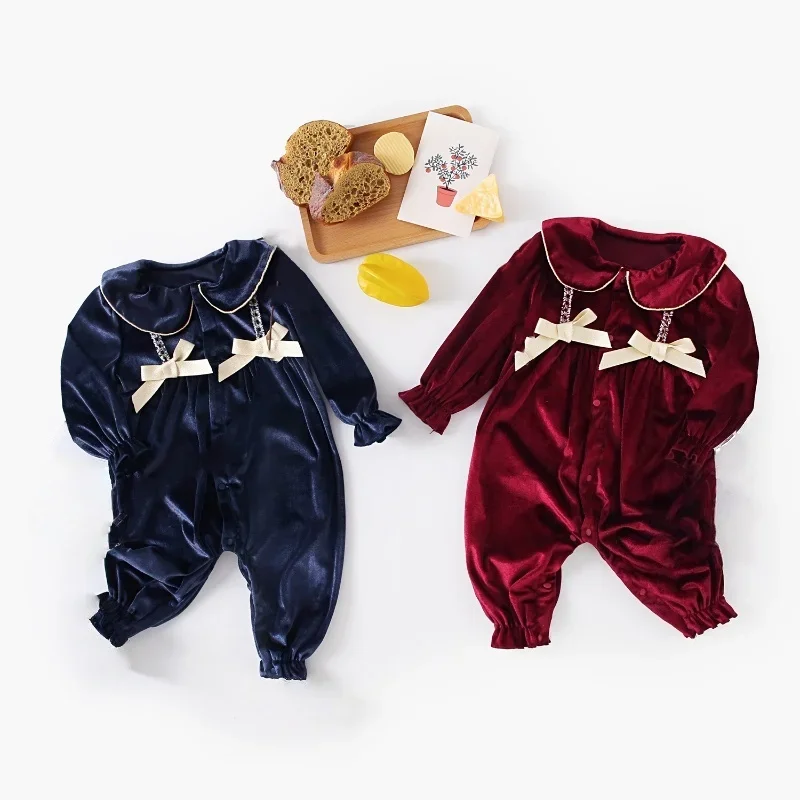

Autumn New Baby Girl Romper Korean Red Golden Velvet Long Sleeve Jumpsuit Peter Pan Collar Bow Toddler Formal Outfit