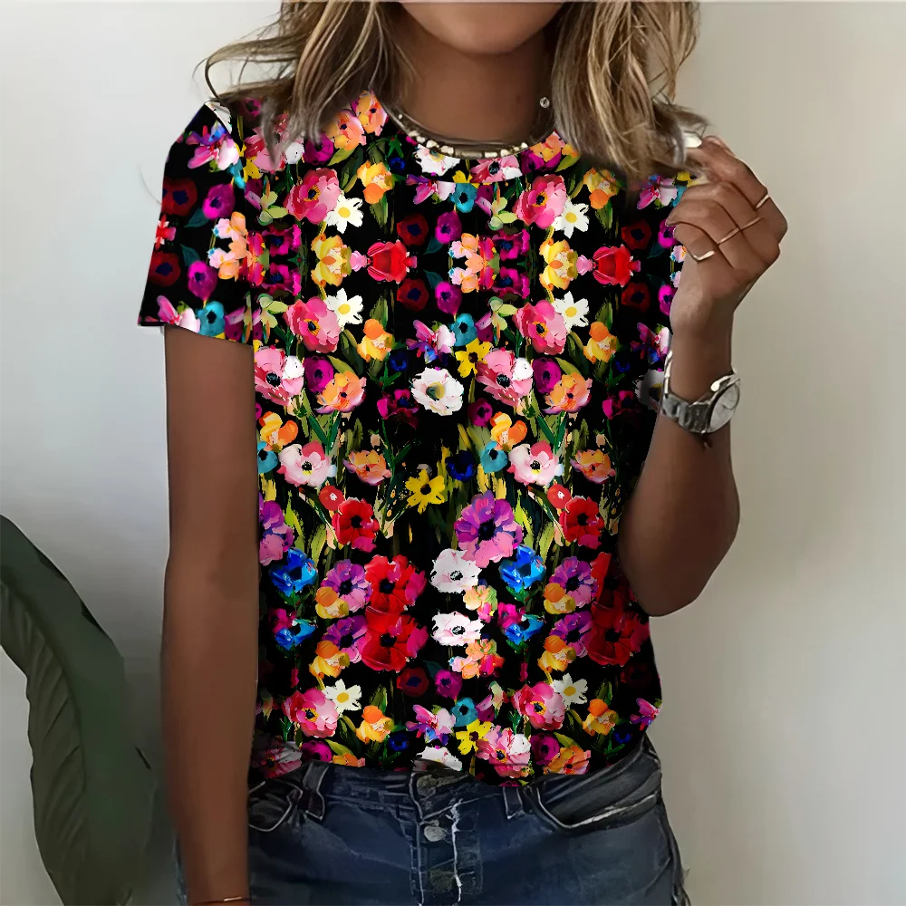 

Women's Multi-color Watercolor Floral Art Printed T-shirt Round Neck Casual Summer Round Neck Short Sleeve