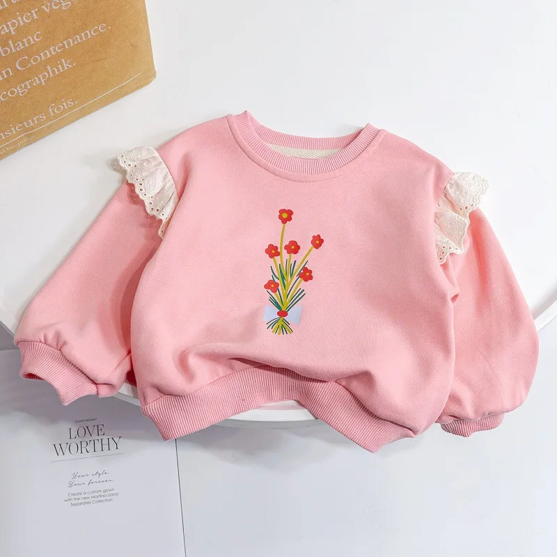 Children Autumn Sweatshirt Cute Girls\' Lace Long Sleeve Cotton Top 2023 New Kids Baby O-neck Print Loose Pullovers