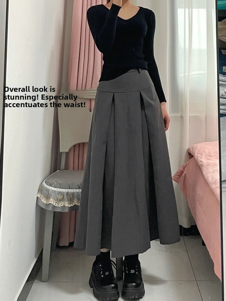 Bla تنورة عالية الخصر على شكل حرف a للسيدات مقاس كبير بدلة Sle الأمريكية الخصر التخسيس تنورة ميدي للتنقل لون نقي النسخة الكورية