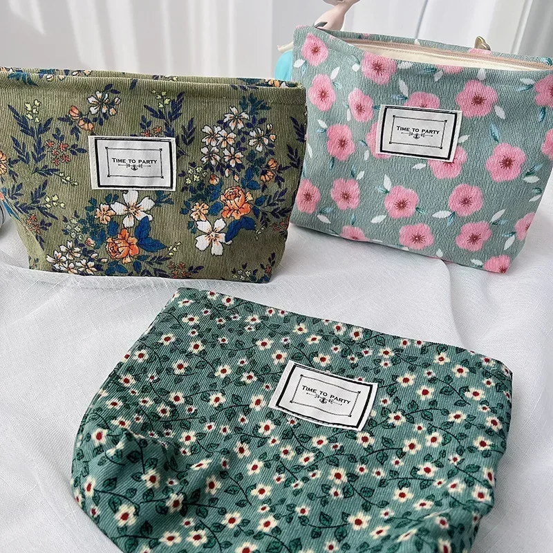 Korean Embroidery Cosmetic Bag Women Floral Makeup Case Organizer Cosmetic Pouch Travel Toiletry Bag Corduroy Canvas Beauty Case